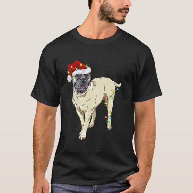 Xmas Lights Santa Hat English Mastiff Dog Christma T-Shirt (Front)