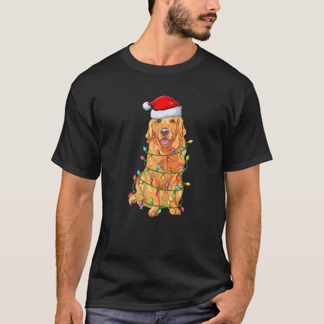 Xmas Lights Santa Hat Golden Retriever Dog Christm T-Shirt (Front)