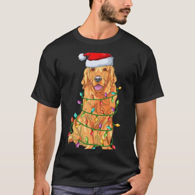 Xmas Lights Santa Hat Golden Retriever Dog Christm T-Shirt (Front)