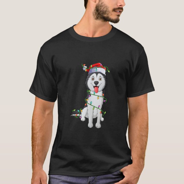 Xmas Lights Santa Hat Husky Dog Christmas Tank Top (Front)