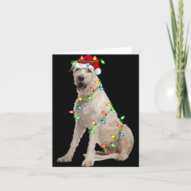 Xmas Lights Santa Hat Irish Wolfhound Dog Christma Card (Front)