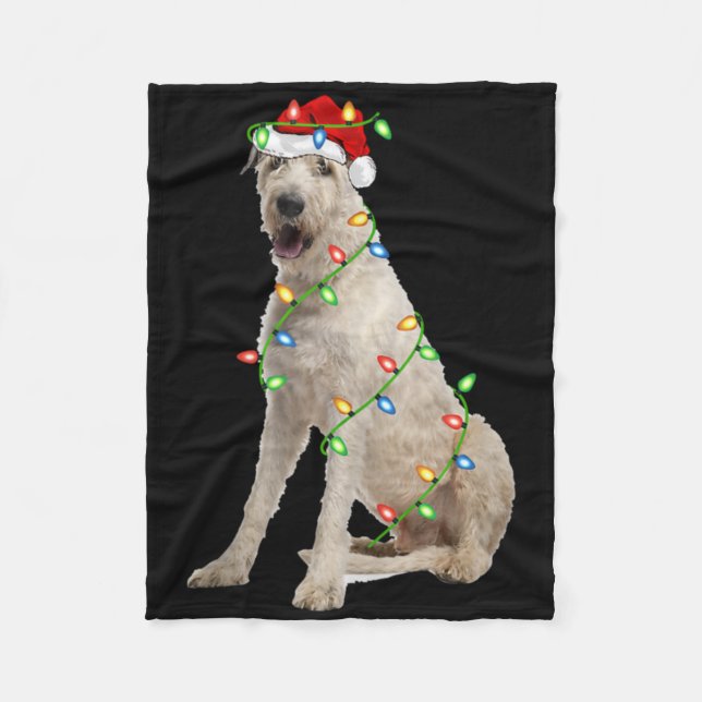 Xmas Lights Santa Hat Irish Wolfhound Dog Christma Fleece Blanket (Front)