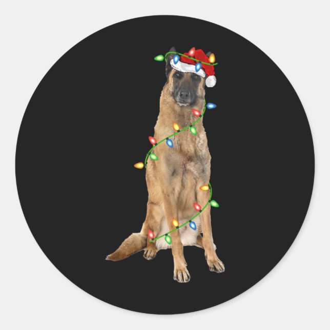 Xmas Lights Santa Hat Malinois Dog Christmas Premi Classic Round Sticker (Front)