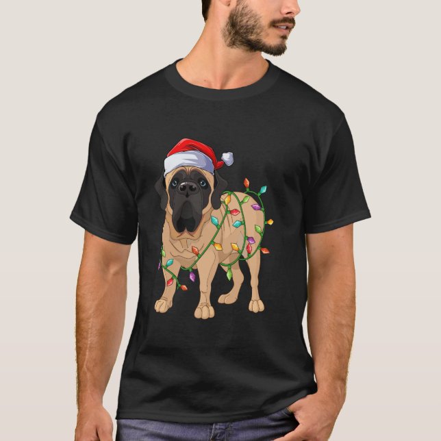 Xmas Lights Santa Hat Mastiff Dog Christmas  T-Shirt (Front)