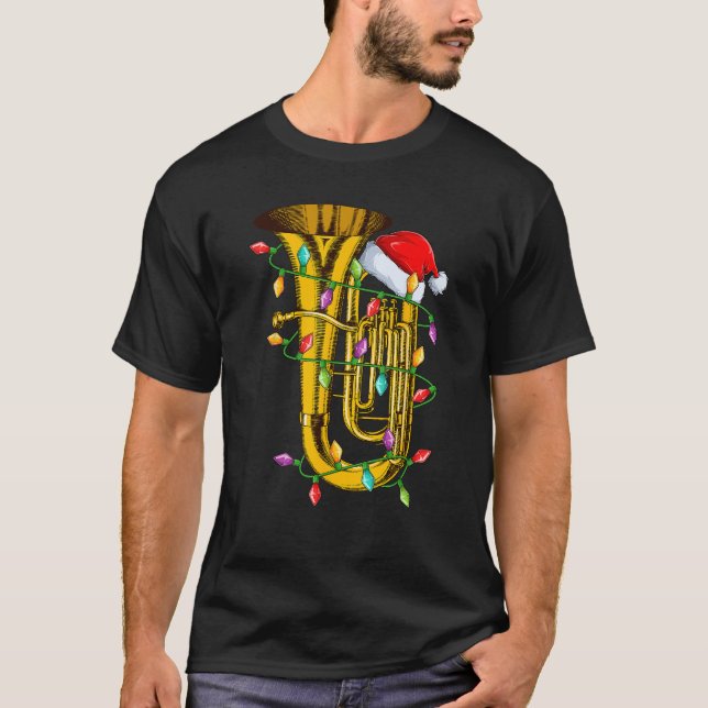 Xmas Lights Santa Hat Musical Tuba Christmas  T-Shirt (Front)