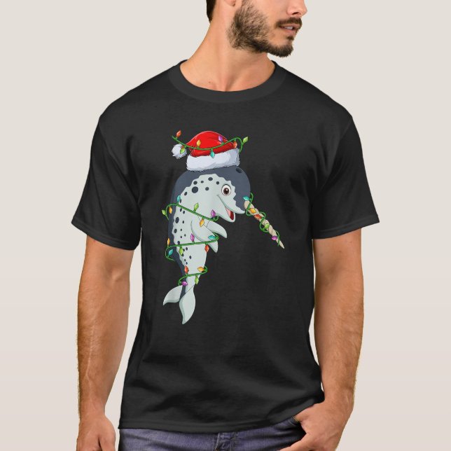 Xmas Lights Santa Hat Narwhal Christmas  T-Shirt (Front)