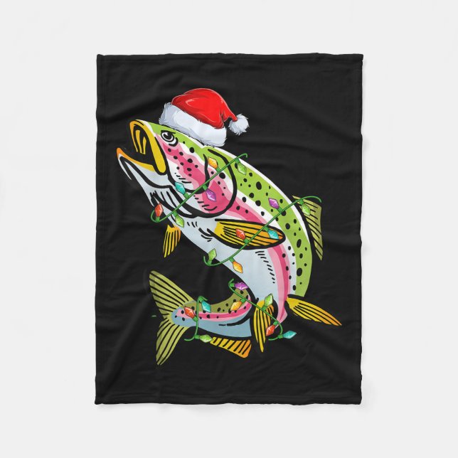Xmas Lights Santa Hat Rainbow Trout Fish Christmas Fleece Blanket (Front)
