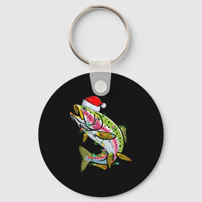 Xmas Lights Santa Hat Rainbow Trout Fish Christmas Key Ring (Front)