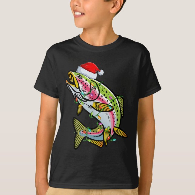Xmas Lights Santa Hat Rainbow Trout Fish Christmas T-Shirt (Front)