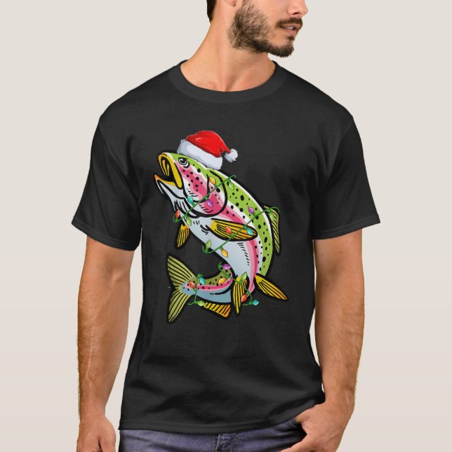 Xmas Lights Santa Hat Rainbow Trout Fish Christmas T-Shirt (Front)