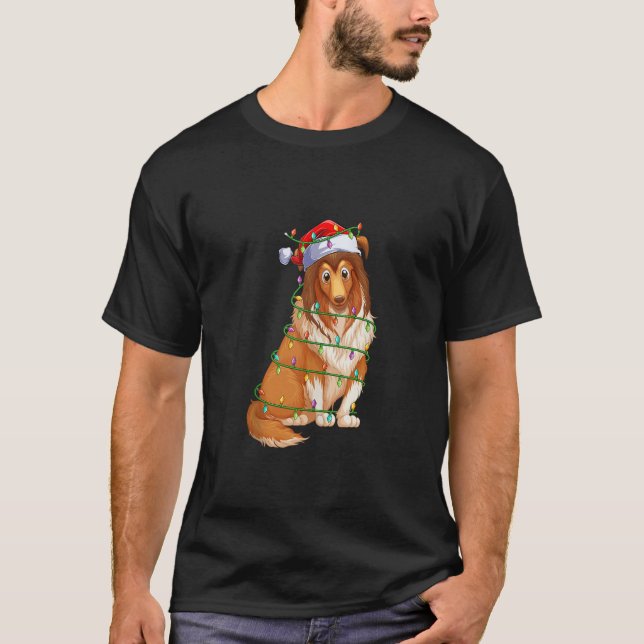 Xmas Lights Santa Hat Shetland Sheepdog Christmas  T-Shirt (Front)