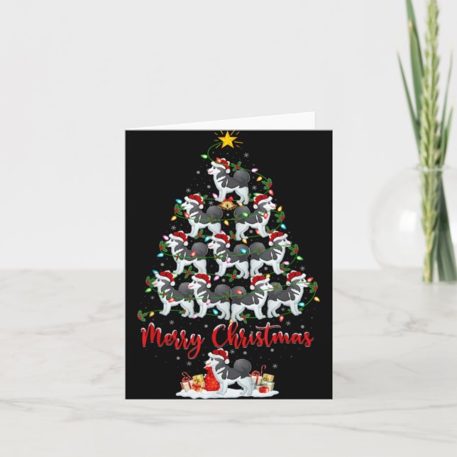 Xmas Lights Santa Siberian Husky Dog Christmas Tre Card (Front)