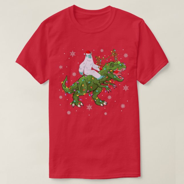 Xmas Lights Santa Yeti Riding Dinosaur Tre Christm T-Shirt (Design Front)