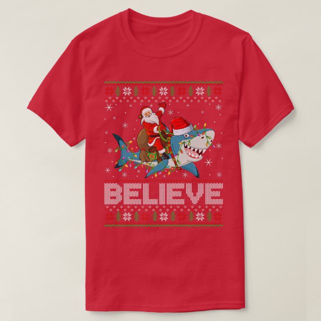 Xmas Lights Shark Believe Ugly Santa Riding Shark  T-Shirt (Design Front)