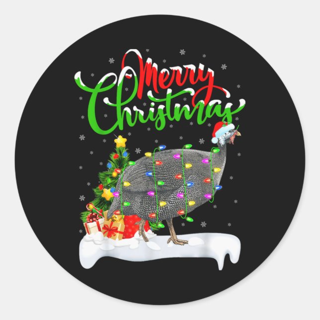 Xmas Lights Tree Santa Guinea Fowl Bird Merry Chri Classic Round Sticker (Front)
