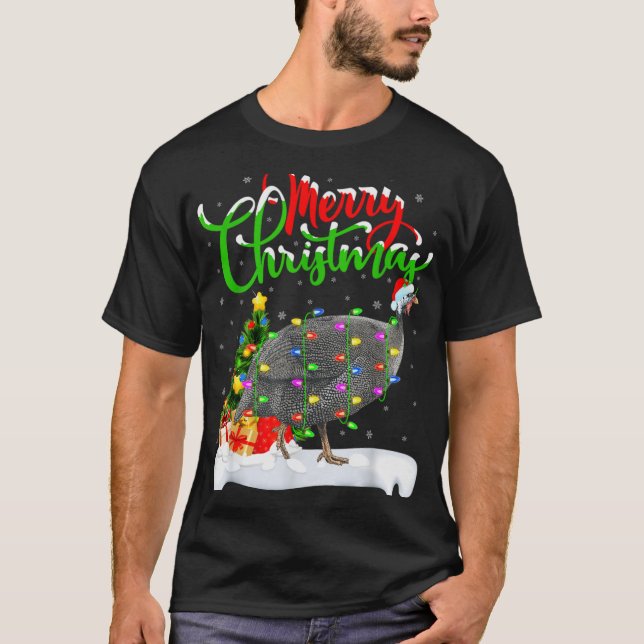 Xmas Lights Tree Santa Guinea Fowl Bird Merry Chri T-Shirt (Front)