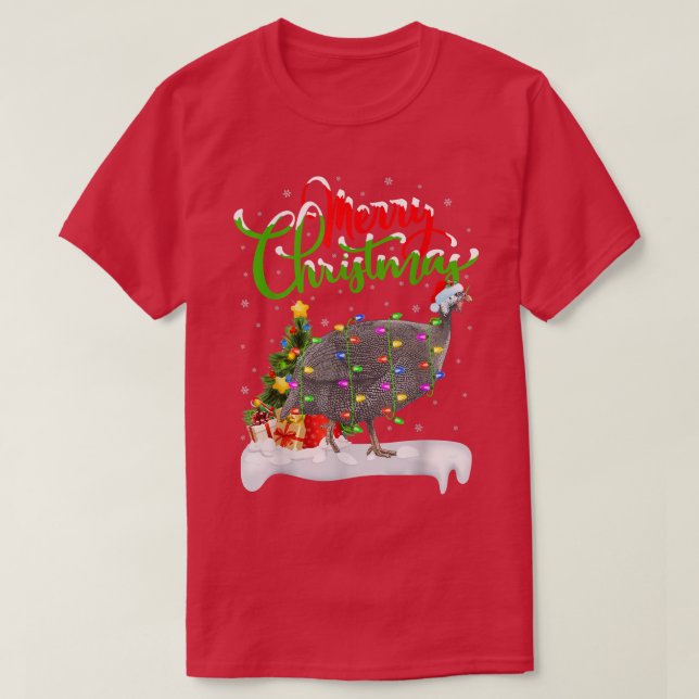 Xmas Lights Tree Santa Guinea Fowl Bird Merry Chri T-Shirt (Design Front)
