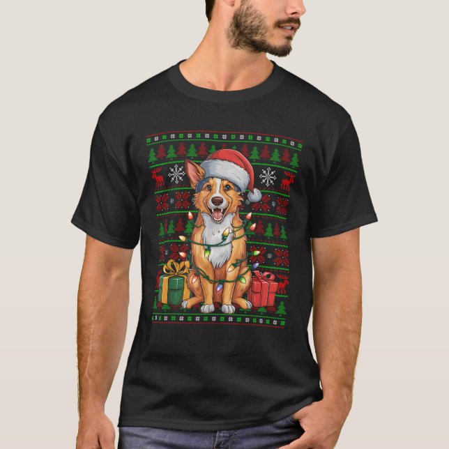 Xmas Lights Ugly Santa Hat Australian Kelpie Dog C T-Shirt (Front)