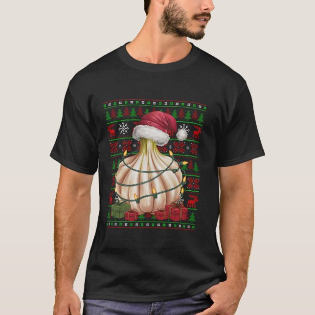 Xmas Lights Ugly Santa Hat Vegetable Garlic Christ T-Shirt (Front)