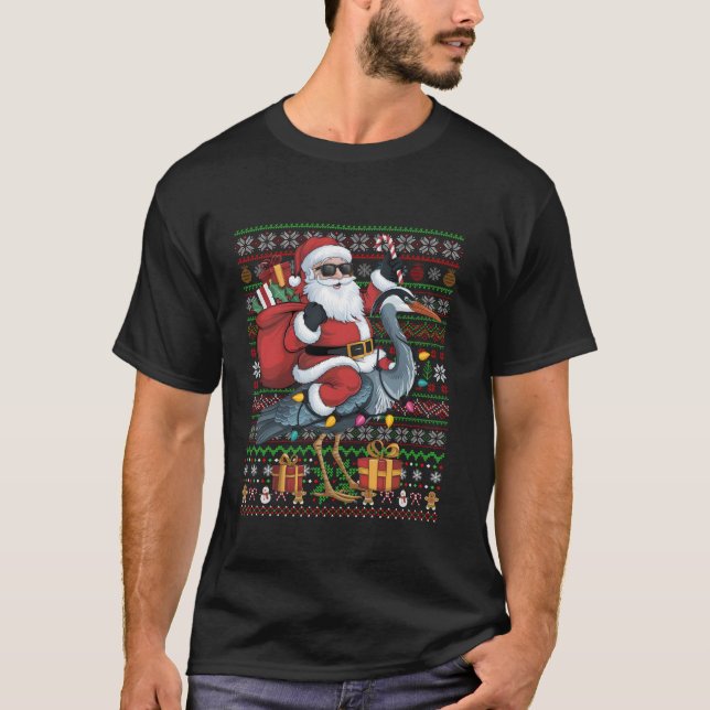 Xmas Lights Ugly Style Santa Riding Heron Bird Chr T-Shirt (Front)