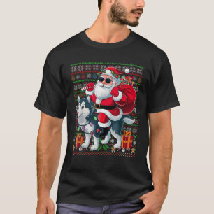 Xmas Lights Ugly Style Santa Riding Husky Dog Chri T-Shirt