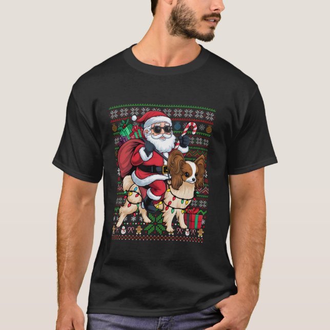 Xmas Lights Ugly Style Santa Riding Papillon Dog C T-Shirt (Front)