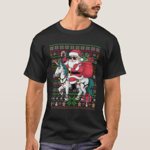 Xmas Lights Ugly Style Santa Riding Unicorn Christ T-Shirt