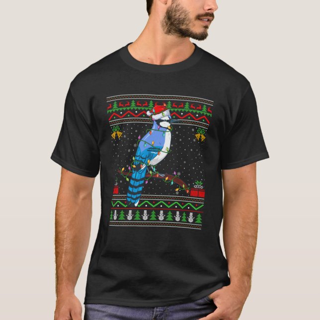 Xmas Lights Ugly Sweater Style Santa Blue Jay Bird (Front)