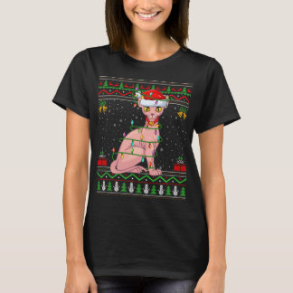 Xmas Lights Ugly Sweater Style Santa Sphynx Cat Ch