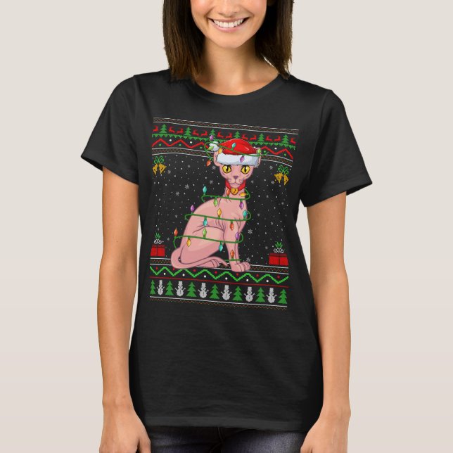 Xmas Lights Ugly Sweater Style Santa Sphynx Cat Ch (Front)
