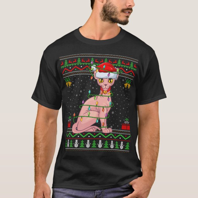 Xmas Lights Ugly Sweater Style Santa Sphynx Cat Ch (Front)
