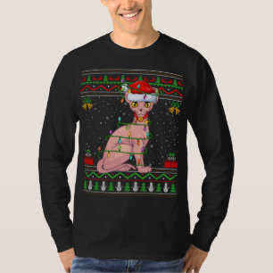 Xmas Lights Ugly Sweater Style Santa Sphynx Cat Ch