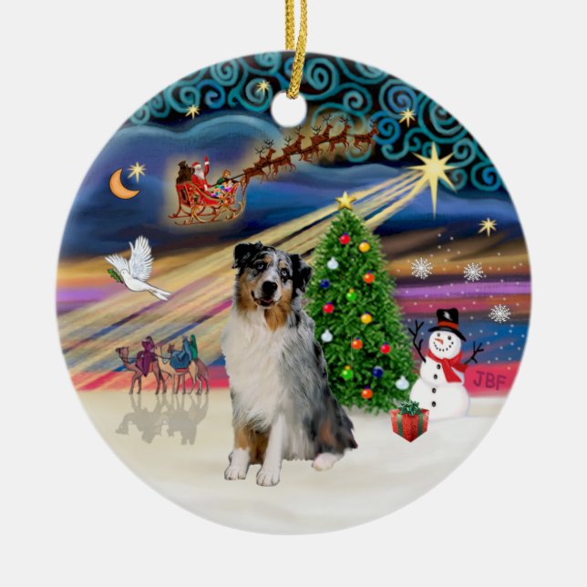 Xmas Magic - Aussie Shepherd (merle) Ceramic Tree Decoration (Front)