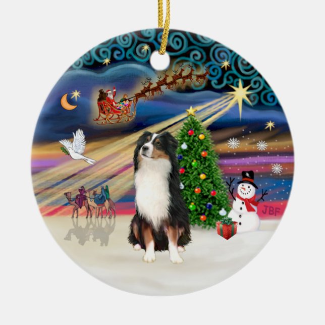 Xmas Magic - Aussie Shepherd (tri) Ceramic Tree Decoration (Front)