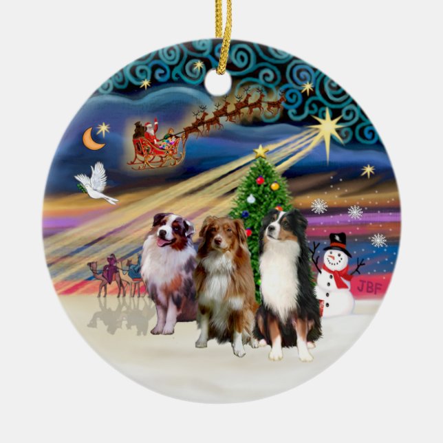 Xmas Magic - Aussie Shepherds (three) Ceramic Tree Decoration (Front)
