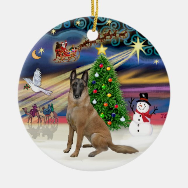 Xmas Magic-Belgian Malinois 1r Ceramic Tree Decoration (Front)
