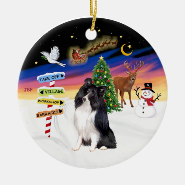 Xmas Magic - Bi Black Shetlalnd Sheepdog Ceramic Tree Decoration (Front)