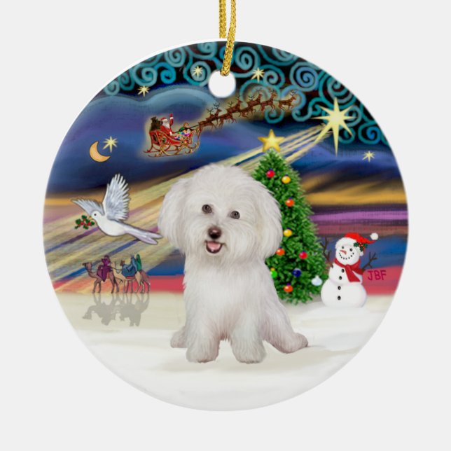 Xmas Magic - Bichon Frise #7 Ceramic Tree Decoration (Front)