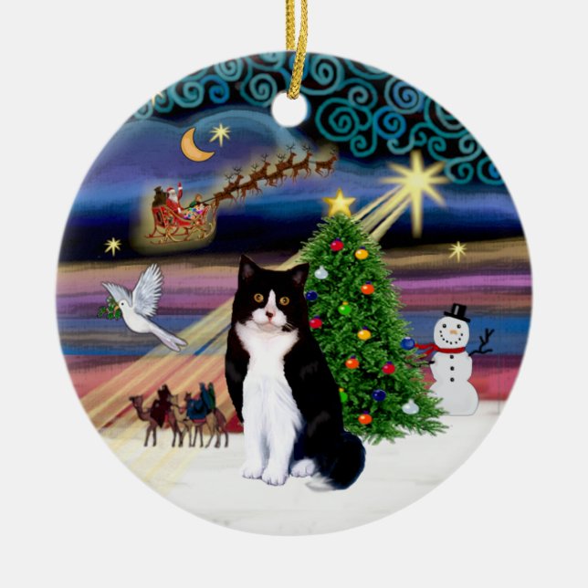 Xmas Magic - Black and White cat (ASH) Ceramic Tree Decoration (Front)