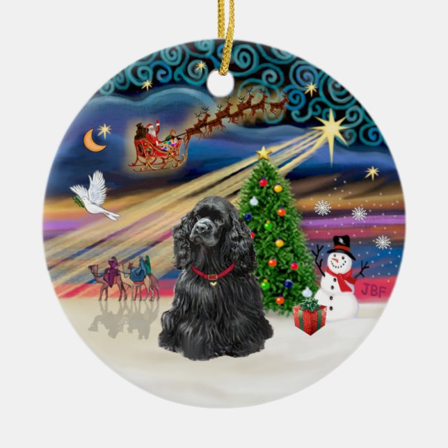 Xmas Magic - Black Cocker Spaniel Ceramic Tree Decoration (Front)