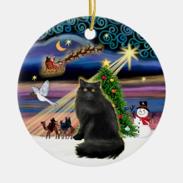 Xmas Magic - Black Persian cat Ceramic Tree Decoration (Front)