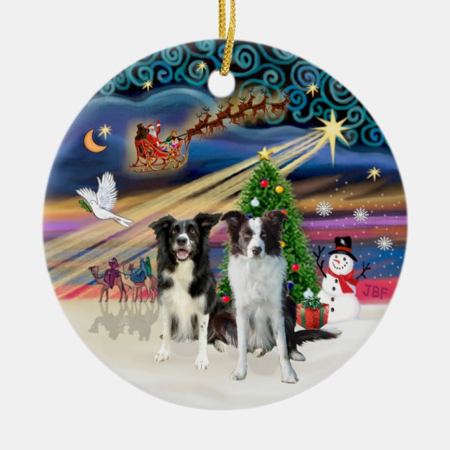 Xmas Magic - Border Collies (two-B-Brn) Ceramic Tree Decoration (Front)