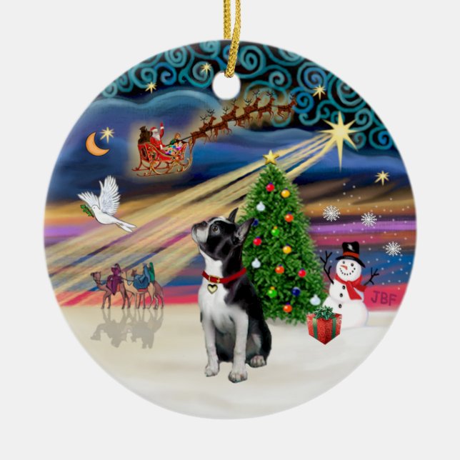 Xmas Magic - Boston Terrier (looking up) Ceramic Tree Decoration (Front)