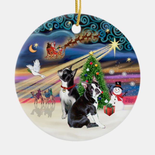 Xmas Magic- Boston Terriers (two) Ceramic Tree Decoration (Front)