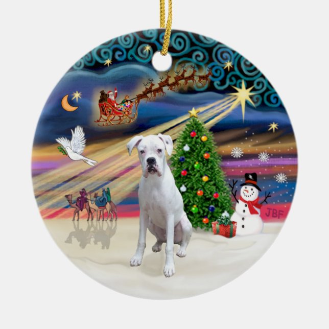 Xmas Magic - Boxer (white) Ceramic Tree Decoration (Front)