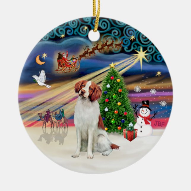 Xmas Magic - Brittany Spaniel Ceramic Tree Decoration (Front)