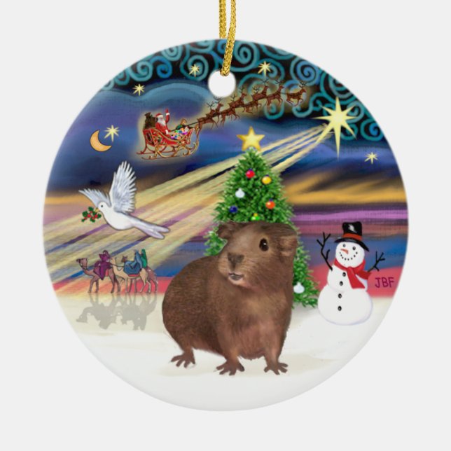 Xmas Magic - Brown Guinea Pig Ceramic Tree Decoration (Front)