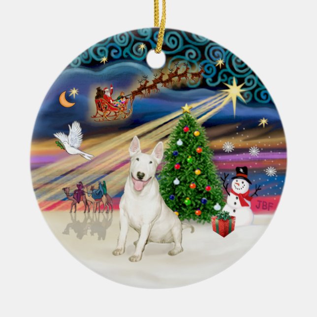 Xmas Magic - Bull Terrier 4 (laugh) Ceramic Tree Decoration (Front)