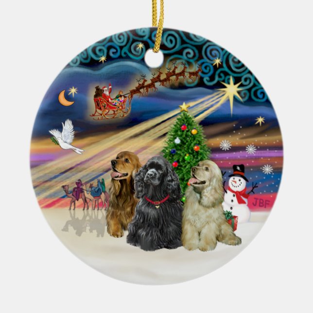 Xmas Magic - Cocker Spaniels (three) Ceramic Tree Decoration (Front)
