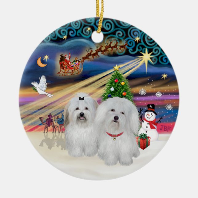 Xmas Magic - Coton de Tulear (TWO) Ceramic Tree Decoration (Front)
